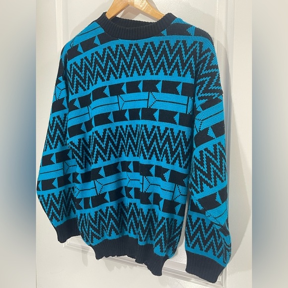 Vintage Geometric Retro Blue and Black Mens Crewneck Pullover Sweater Sz Large - Picture 3 of 10